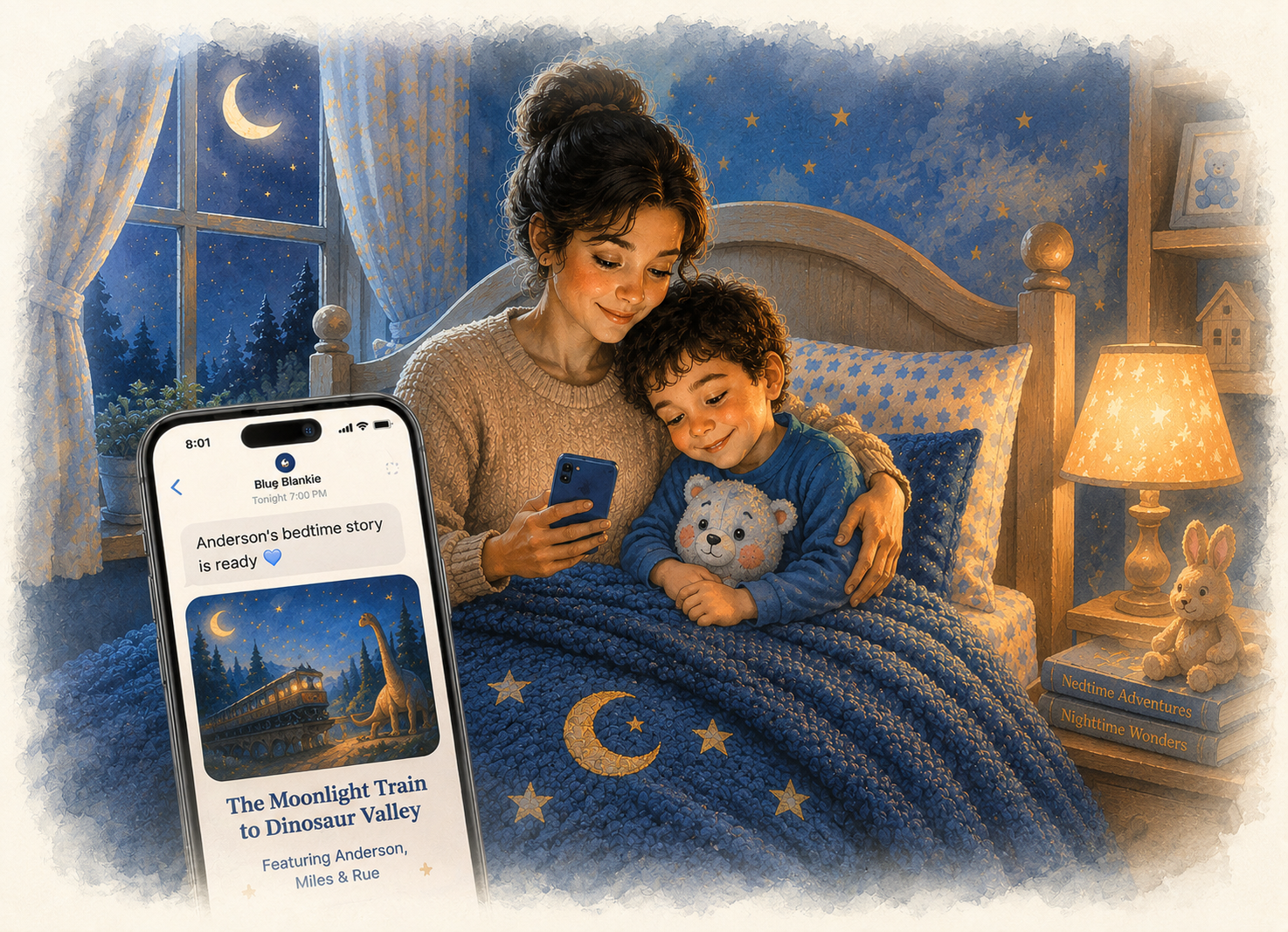 Mother cuddling with her child under a blue blanket while reading a personalized bedtime story on a phone.