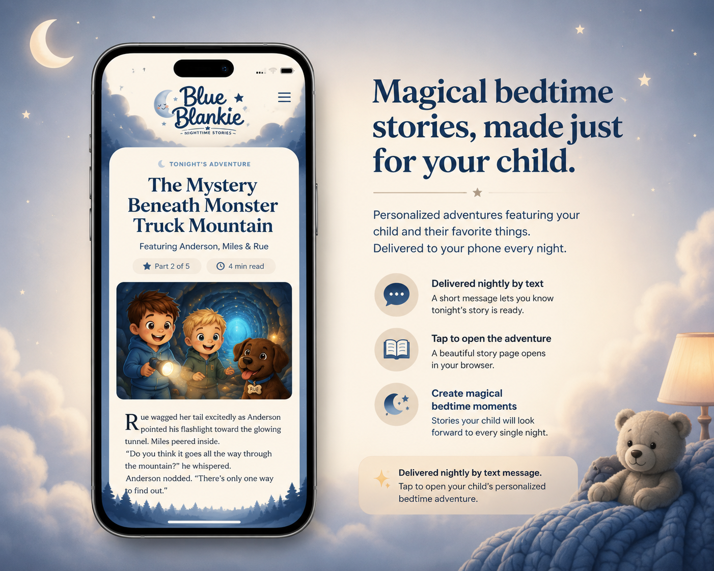 Blue Blankie bedtime story preview featuring Anderson, Miles and Rue exploring The Mystery Beneath Monster Truck Mountain.